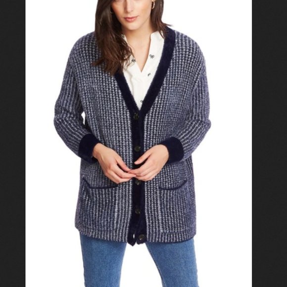 COURT & ROWE Women's Navy Houndstooth Eyelash Knit Cardigan Sweater Size XS - Picture 2 of 10